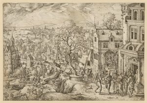 A história de Tobias numa ampla paisagem de Hans Bol