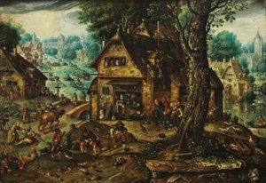 Vista de aldeia com numerosas pessoas de Hans Bol