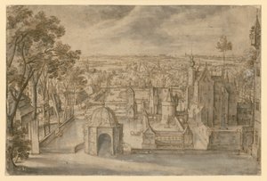Um castelo com várias torres numa vasta paisagem plana entre lagos. Um pavilhão de jardim redondo no centro do primeiro plano. À esquerda, uma alameda de Hans Bol