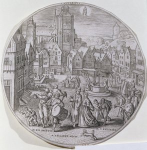 Janeiro, mostrando os burgueses celebrando a Noite de Reis na praça do mercado de Bergen, a partir de um conjunto de doze "Meses do Ano", gravados por Adriaen Collaert (1560-1618) de Hans Bol