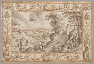 Paisagem com o sacrifício de Isaac dentro de uma orla decorativa de plantas e animais de Hans Bol