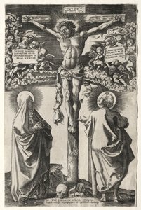 Cristo na cruz entre a virgem e São João de Hans Brosamer