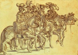 Five Drummers on Horseback, c.1500 (caneta & tinta e lavagem em papel) de Hans Burgkmair