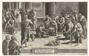 Cristo lava os pés dos discípulos
Omnium Dominus ad servorum suroum pedes lavandos se in genua prosternit o singularis humilitatis exemplum (título sobre o objecto) de Hans Collaert (I) (attributed to)