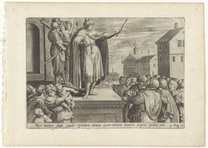 Rechabeam antwoordt het volk Geschiedenis van Jeroboam en Rechabeam (título da série) O Tesouro das Histórias Sagradas do Antigo Testamento (...) (título da série) de Hans Collaert (I) (attributed to)