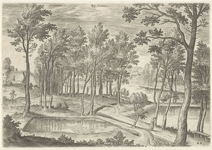 Vista das lagoas de La Cambre At Camere (título no objeto) Pontos turísticos da área de Bruxelas (título da série) de Hans Collaert (I)