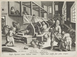 Politura Armorum (Braços de Polimento), prato 17 da série Nova Reperta (Descobertas Modernas) c.1588 (gravura sobre papel avergoado) de Hans Collaert