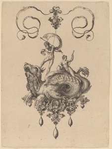 Design para um pingente com um monstro marinho carregando Thetis e um homem com uma vela