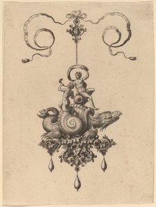 Projeto para um pingente com um monstro marinho em uma concha carregando um tritão e uma mulher com uma vela