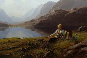 Garota Tricotando no Lago da Montanha (óleo sobre tela) de Hans Dahl