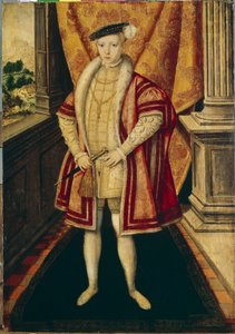 Retrato do rei Eduardo VI (1537-1553) da Inglaterra e Irlanda (Retrato do rei Eduardo VI da Inglaterra). terceiro soberano da dinastia Tudor, ele é o primeiro soberano protestante a ascender ao trono. Pintura de Hans Eworth (Ewouts) (cerca de