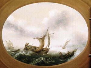 Barcos de pesca holandeses apanhados por uma grande brisa, um barco mais pequeno, vela para baixo, à direita, com pescadores a puxar as redes de Hans Goderis