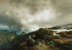 Paisagem de alta montanha com caçadores de renas (pintura) de Hans Gude
