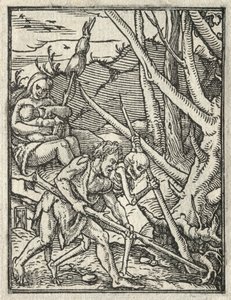A dança da morte: expulsão do paraíso, Adam cultivando o solo. de Hans Holbein