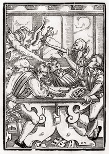 Morte e o diabo vêm para o jogador de cartas, gravado por Georg Scharffenberg, de &39;Der Todten Tanz&39;, publicado Basel, 1843 de Hans Holbein der Jüngere
