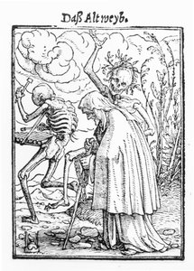 Morte e a velha, de "A dança da morte", gravada por Hans Lutzelburger, c.1538 (xilogravura) (foto bw) de Hans Holbein der Jüngere