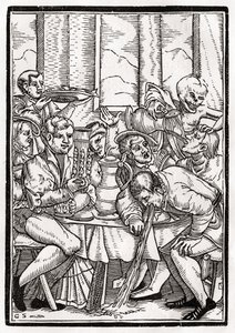 A morte chega para o bêbado, gravada por Georg Scharffenberg, de &39;Der Todten Tanz&39;, publicada em Basel, 1843 de Hans Holbein der Jüngere