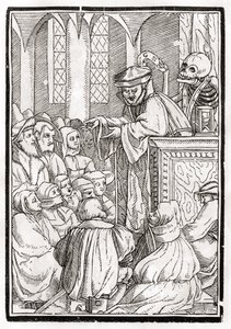 A morte chega para o Pregador, gravada por Georg Scharffenberg, de &39;Der Todten Tanz&39;, publicada em Basiléia, 1843 de Hans Holbein der Jüngere