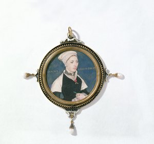 Jane Small, anteriormente conhecida como Sra. Robert Pemberton, c.1540 (wc em velino montado em baralho) (detalhe de 14732) de Hans Holbein der Jüngere