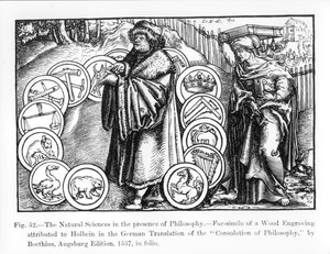 As Ciências Naturais na Presença da Filosofia, da edição alemã de 1537 do &39;Consolation of Philosophy&39; de Boethius, ilustração de &39;Science and Literature in the Middle Ages&39; e Renais de Hans Holbein der Jüngere