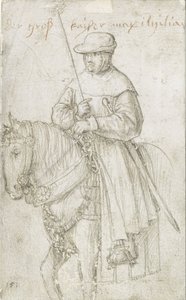Kaiser Maximiliano I em vestido de viagem a cavalo de Hans Holbein the Elder