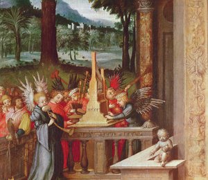 Virgem, criança e santos detalhe de anjos tocando o órgão, 1519 óleo sobre carvalho