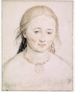 A cabeça da jovem mulher Desenho na ponta do metal, caneta e sangue por Hans Holbein, o velho (1460-1524) Sol do século XVI. 0,19x0,15 m Paris, Musee du Louvre