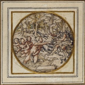 Diana e Actaeon - Desenho para um pingente ou crachá de chapéu, c.1532-43 (caneta e tinta sobre papel) de Hans Holbein der Jüngere