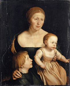 Retrato da esposa do artista com os dois filhos mais velhos, 1528-29 (mídia mista no papel montado em madeira)