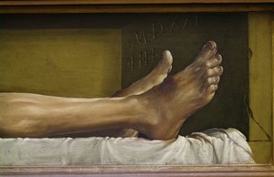 O Corpo dos Mortos Cristo, detalhe dos pés e assinatura e data da obra, 1521 têmpera em lenha de Hans Holbein der Jüngere