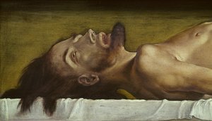 O Corpo dos Mortos Cristo, detalhe da cabeça, 1521 têmpera na lenha