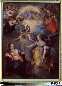 A Anunciação. Pintura de Hans Rottenhammer, o Grande (1564-1625). Óleo sobre cobre, 37 x 21 cm. Arte alemã, Maneirismo. Museu Estatal de Arte Estrangeira da República da Letónia, Riga (Letónia).