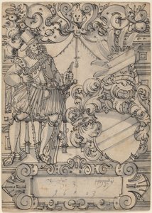 Um doador com um brasão (companheiro de escudo e escudo heráldico de barra inclinada) de Hans Jegli II