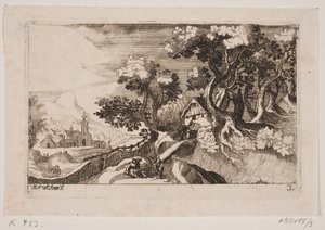 Paisagem com uma cabana entre árvores à direita de Hans Jørgen Kirksteen