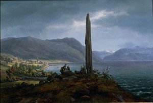 A pedra memorial Frithjof em Leikanger por Balestrand em Soon (óleo sobre tela) de Hans Leganger Reusch