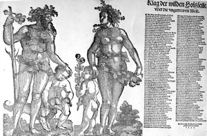 Broadside na retirada dos homens selvagens das madeiras de um mundo que mudou para pior, xilogravura feita por Hans Guldenmundt, 1545