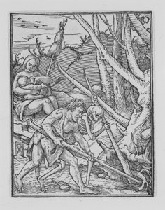 Adam cavando, de The Dance of Death, ca. 1526, publicado em 1538.