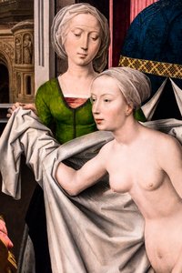 Betsabé no banho, ca. 1485 (Têmpera e óleo sobre madeira (carvalho)) de Hans Memling