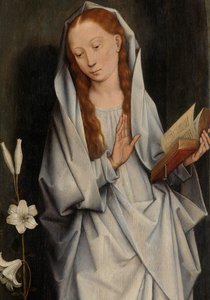 Detalhe da Virgem, do reverso de um par de asas mostrando a Anunciação (óleo sobre painel) de Hans Memling