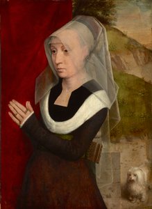Femme en priere avec son chien - Mulher rezando com seu cachorro, de Memling, Hans (1433/40-1494). óleo sobre madeira de Hans Memling