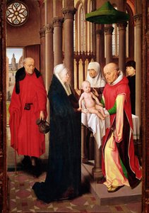 Apresentação no templo. Painel direito do Tríptico de Adoração dos Reis Magos (Detrempe sobre madeira, c.1470) de Hans Memling