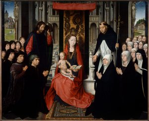 A virgem e a criança entre São Tiago e São Domingos apresentando doadores ou a virgem de Jacques Floreins. Pintura de Hans Memling (1435-1494) (ec.flam.) Sol do século XV. 1,3x1,6 m de Hans Memling