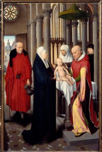 Tríptico da Adoração dos Magos. Detalhe do painel direito: Apresentação no Templo. Detrempe sobre madeira por Hans Memling (1433-1494), cerca de 1470. Madrid. Museu do Prado de Hans Memling