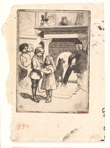 Cartão de ano novo (a família junto à lareira) de Hans Nikolaj Hansen
