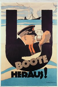 Cartaz alemão da guerra mundial 1, U BARCOS PARA FORA (U BARCOS AFASTADO)