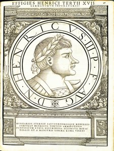 Henry, 3, do comandante geral dos Roman Leste e Oeste mais verdadeiras imagens de moedas antigas, gravura por Rudolph Wyssenbach, impressa por Andreas Gessner, Zurique de Hans Rudolf Manuel Deutsch