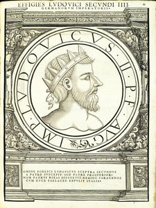 Louis 2, do comandante geral dos Roman Leste e Oeste mais verdadeiras imagens de moedas antigas, gravura por Rudolph Wyssenbach, impressa por Andreas Gessner, Zurique de Hans Rudolf Manuel Deutsch