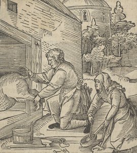 Um fazendeiro matando um porco, de Hymmelwagen auff dem, wer wol leben..., 1517. de Hans Schäufelein the Elder