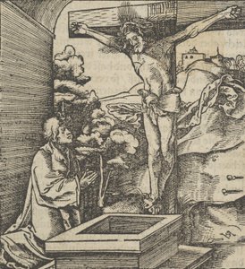 Um homem orando diante de um crucifixo, de Hymmelwagen auff dem, wer wol Leben..., 1517. de Hans Schäufelein the Elder