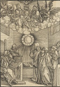 O autor escrevendo o Layenspiegel, A Trindade e a Virgem no Centro Superior, de ..., 1511. de Hans Schäufelein the Elder